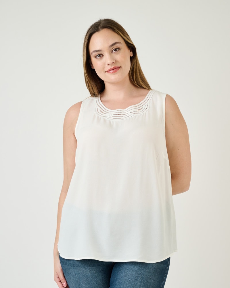 Front of a model wearing a size 3X Meredith Tank Top with Lace in Ivory by Daniel Rainn. | dia_product_style_image_id:271986